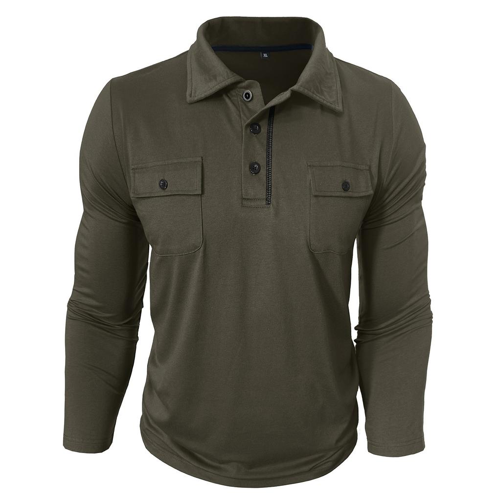Men's Cotton Solid Color Shirt - Long-Sleeve, Spread Collar, Pocket - Outdoor Casual  Top