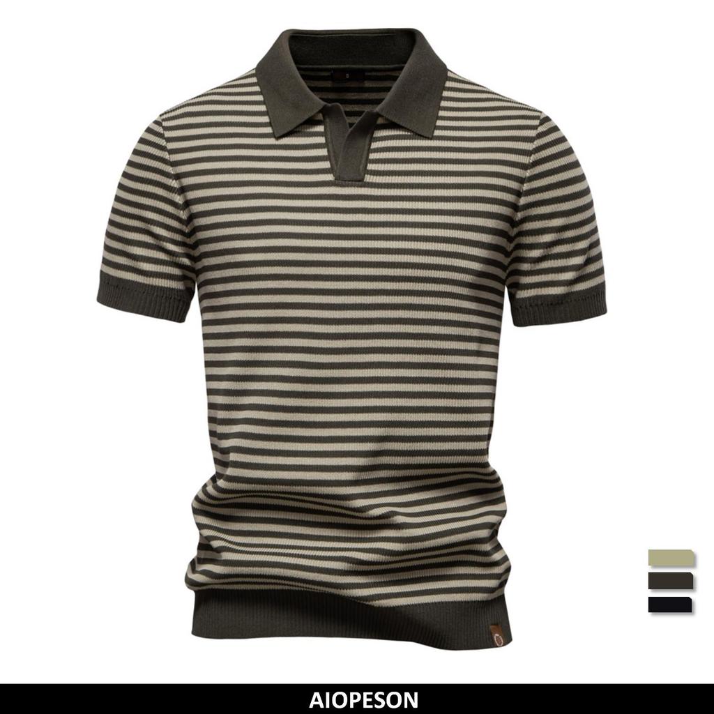 AIOPESON Men Knitted Strip Polo Shirt V Neck Short Sleeve Summer Knitwear Breathable Top Polo Men