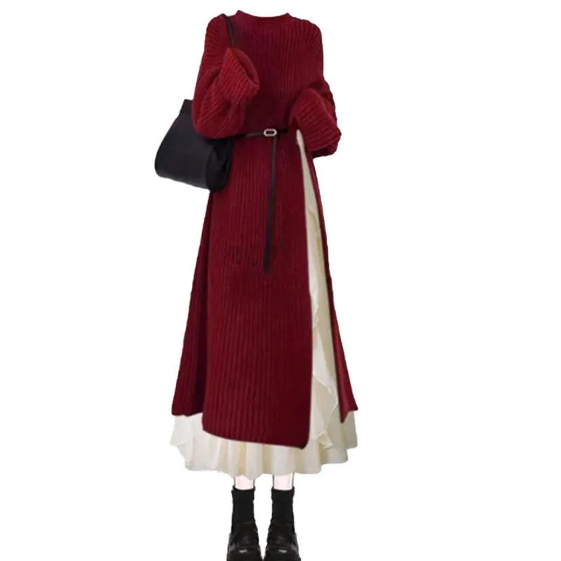 Chic Tea-Inspired Midi Sweater Dress: Autumn/Winter Lazy Style with Slit Design