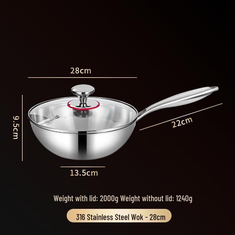 28CM 316 Stainless Steel Non-stick Wok with Korean Style Lid