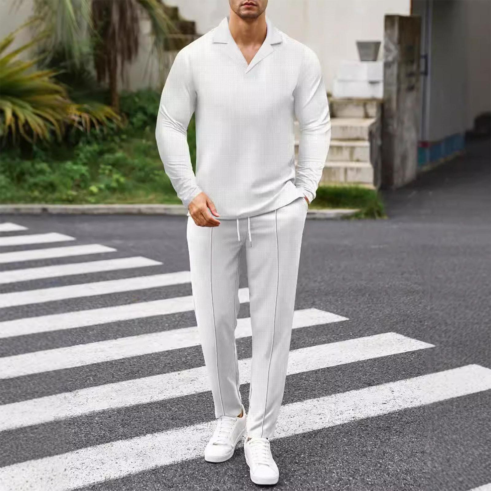 

Мужской повседневный комплект из двух предметов с воротником и длинными рукавами. Длинные брюки. L белый