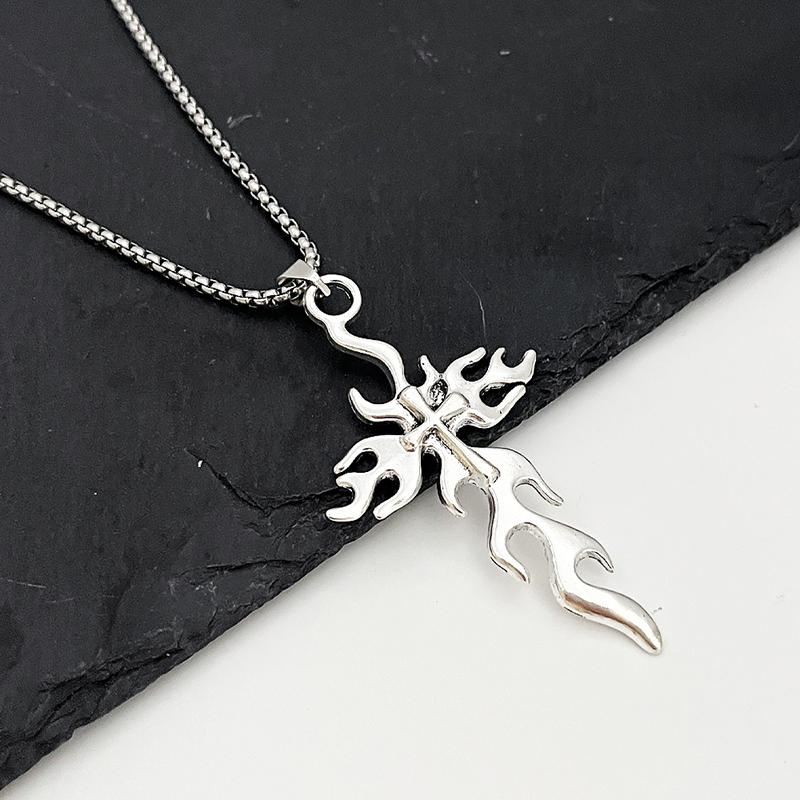 Fashionable Retro Flame Cross Pendant Necklace Neutral Hip-hop Punk Personalized Sweater Chain Daily Jewelry Gift