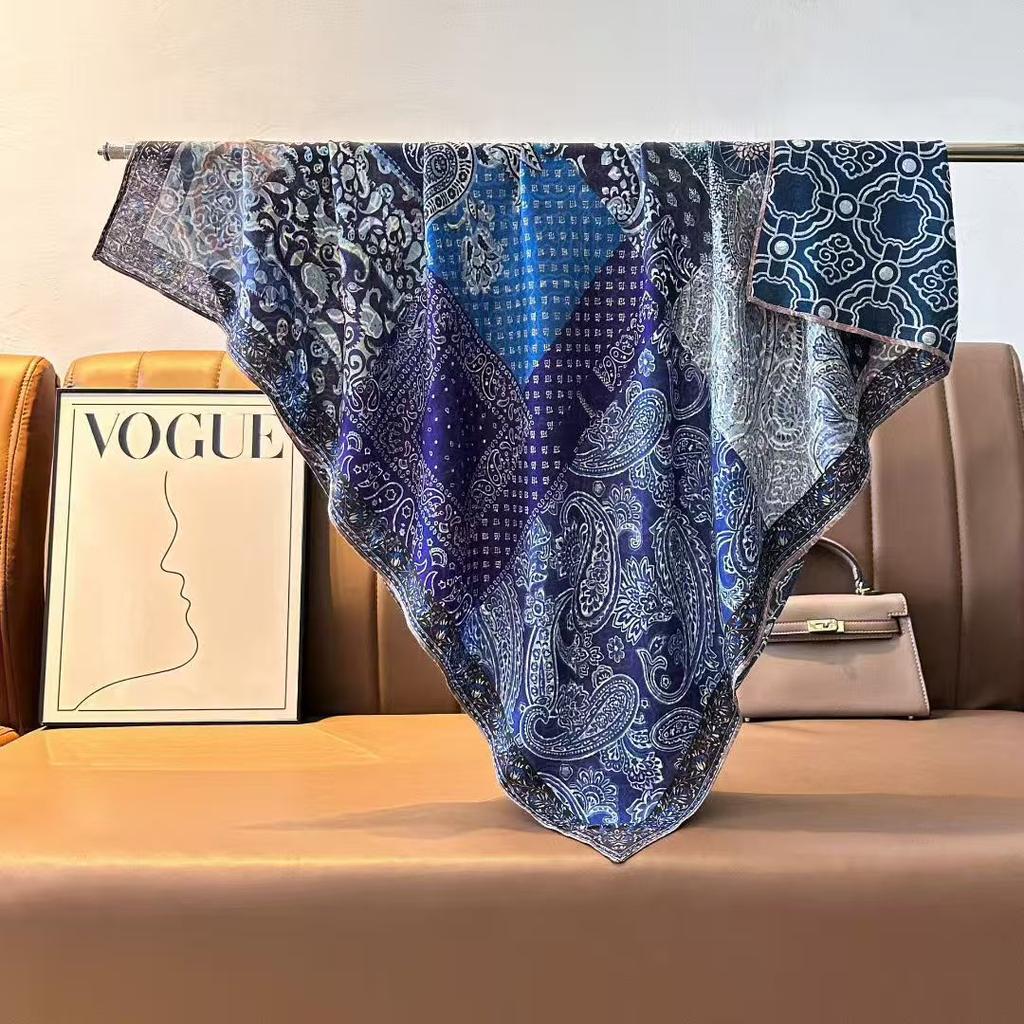 Imitation Velvet Silk Scarf Women'S 90 Square Scarf Double-Sided Heterochrome Splicing Printing Travel Beach Towel Sunscreen Shawl