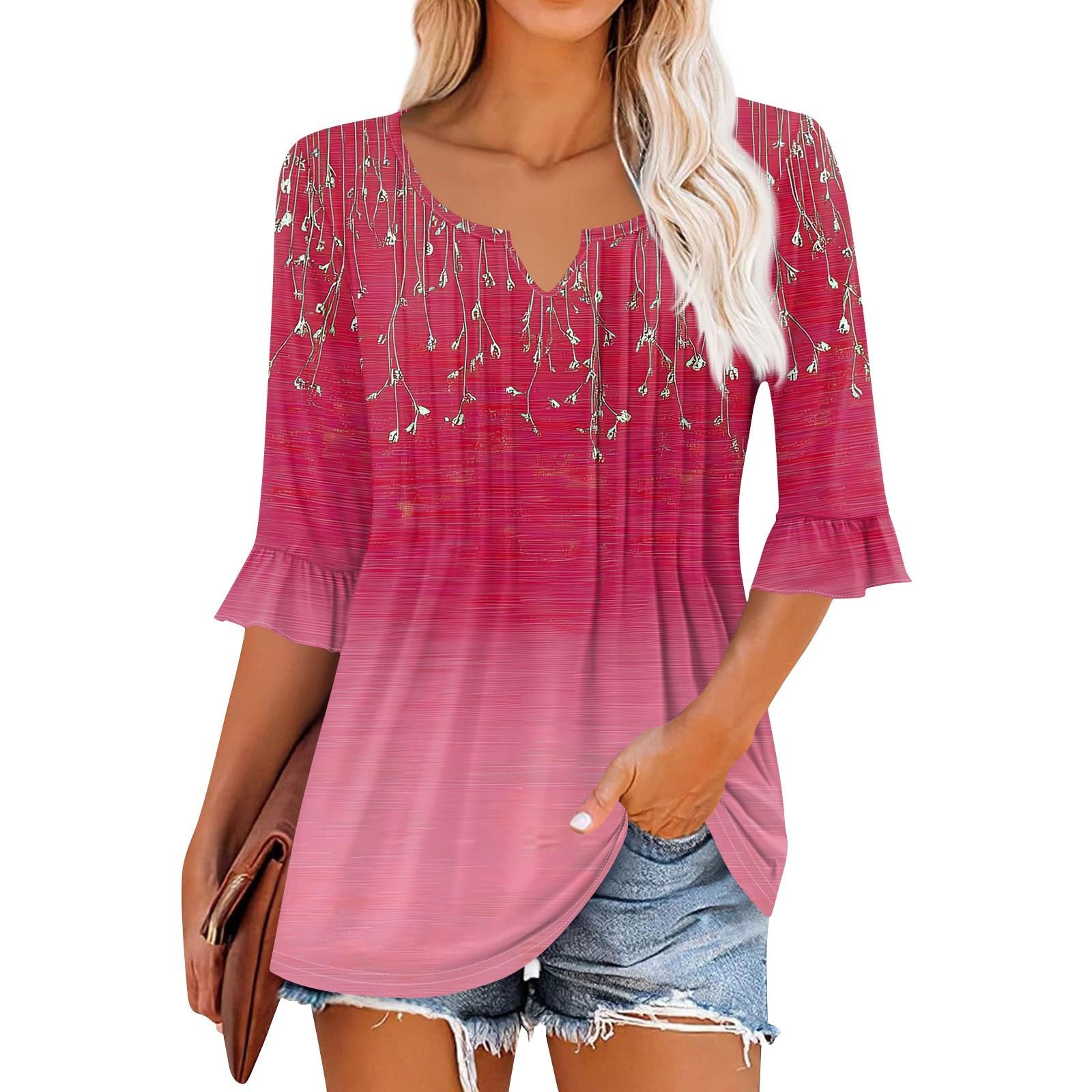 

3/4 рукава топы для женщин повседневные оборки V-образный вырез футболки рабочие блузки нарядные туники топы S