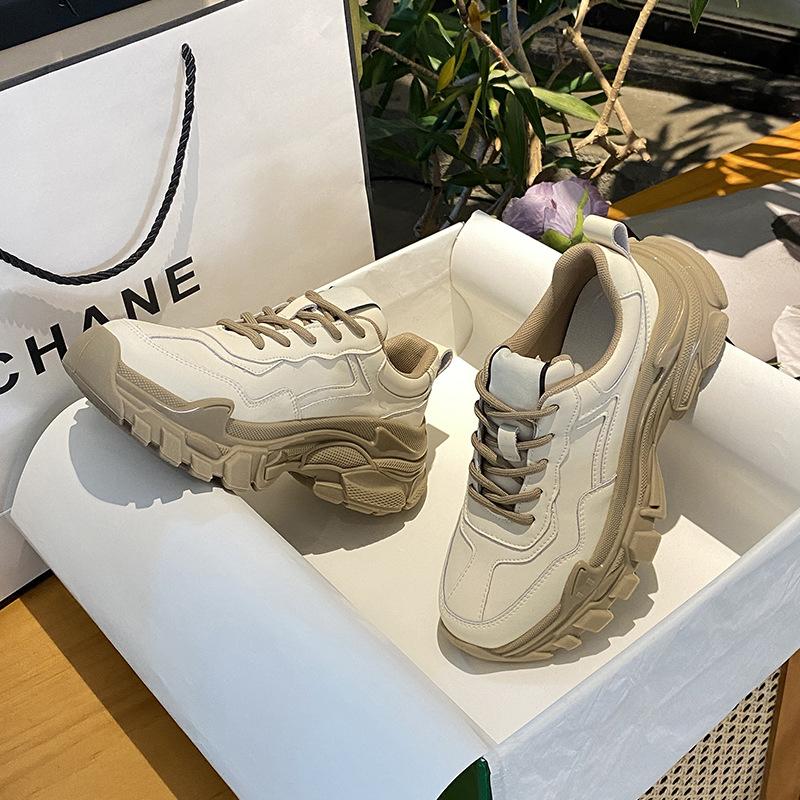 Fashion Real Cowhide Sports Casual Milk Tea Color Ins Trendy Single Shoes Spring New Thick-soled Daddy Shoes Women's Shoes