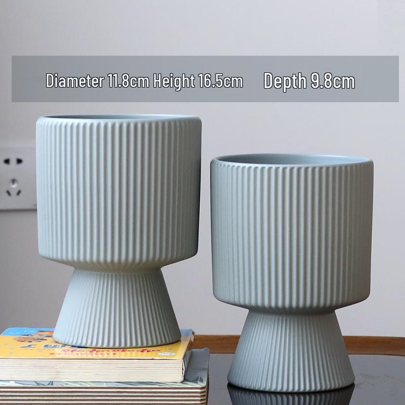 Nordic Ceramic Flower Pot with Tray - High-Footed Vertical Stripes for Indoor/ Balcony, Ideal for Pothos and Orchids.