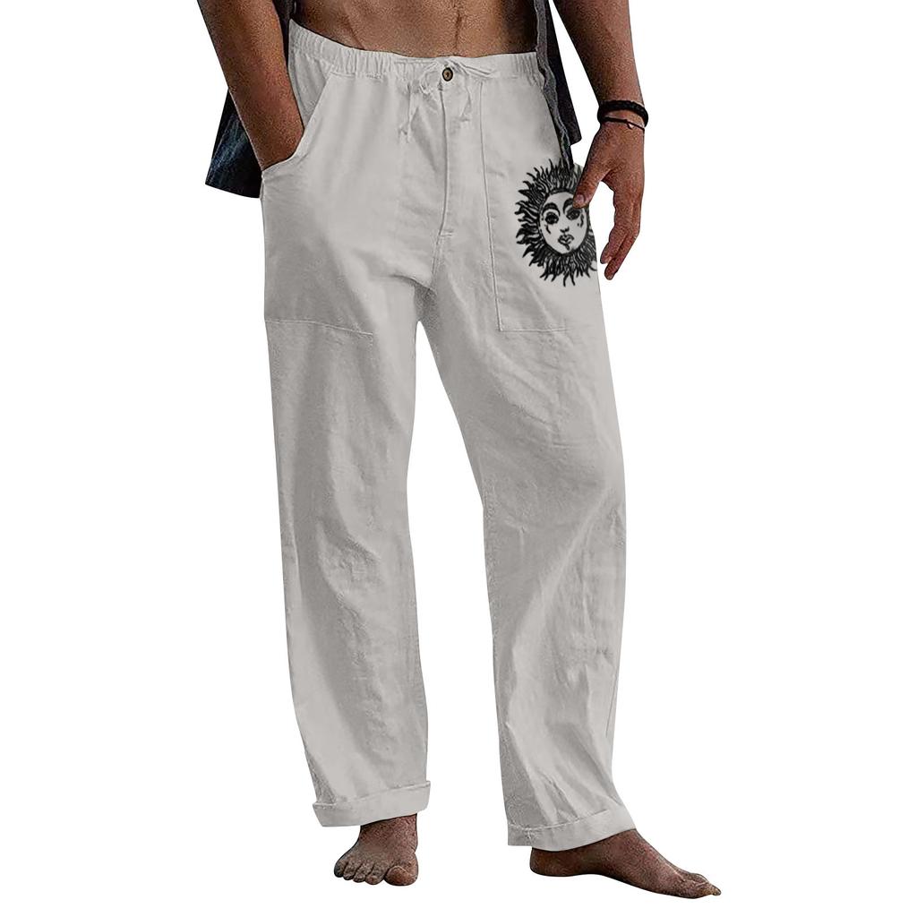 Men's Casual Loose And Comfortable Casual Pants Cotton Linen Printed Drawstring Trousers