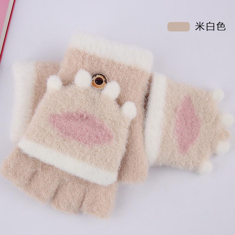 Half Finger Flip Student Gloves Winter Wool Writing Fleece Thickened Cute Cartoon Warm Dew Finger Children's Gloves