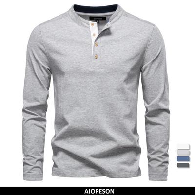 Henley Kragen Knopf T-Shirt Herren Einfarbig Langarm Basic Neu Herbst Premium 100% Baumwolle Herren T-Shirts
