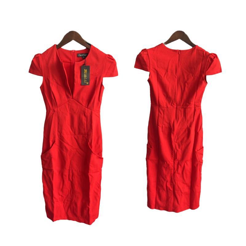 Breathable Polyester Blend Vneck Short Sleeve Dress For Office Wear