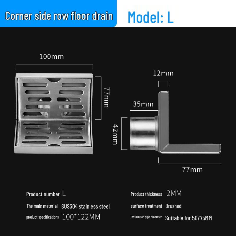 

304 Stainless Steel L-Shaped Floor Drain, Square Balcony Outlet for 50/75/110mm Pipes
