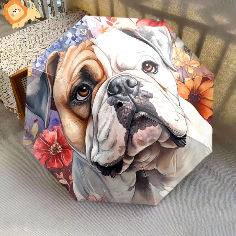 1 Pezzo Ombrello Pieghevole Automatico - Fantasia Floreale Bulldog, Design Portatile e Pieghevole con 8 Stecche, Regali di Natale e Compleanno