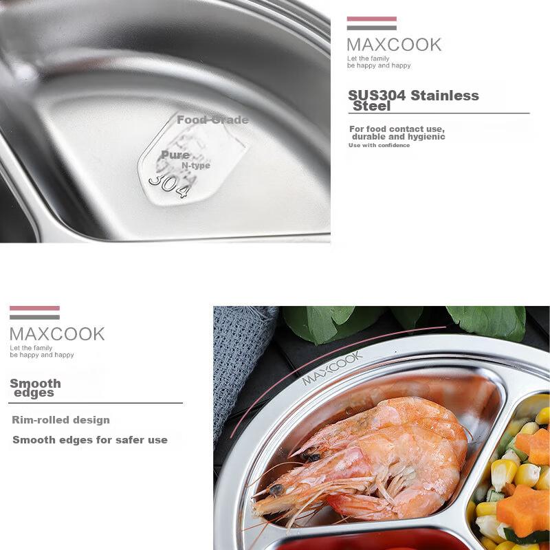 Maxcook (Maxcook) 304 Stainless Steel Divided Lunch Tray, Fast Food Plate, Student Meal Box, Four Compartments, Thickened And Enlarged, 25cm MCFT803