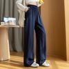 Women Elastic High Waist Linen Wide Leg Long Pants Loose Casual Floor Length Trousers with Pockets Summer Daily Vacation Soft Pants