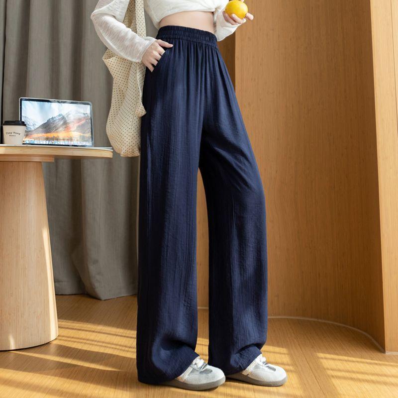 Women Elastic High Waist Linen Wide Leg Long Pants Loose Casual Floor Length Trousers with Pockets Summer Daily Vacation Soft Pants