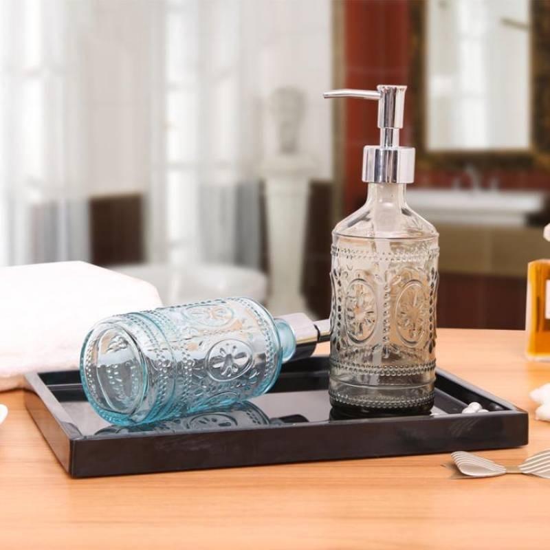 Stylish Blue And Gray Glass Soap Dispenser 420ml Square Bottle For Lotion And Liquid Soap