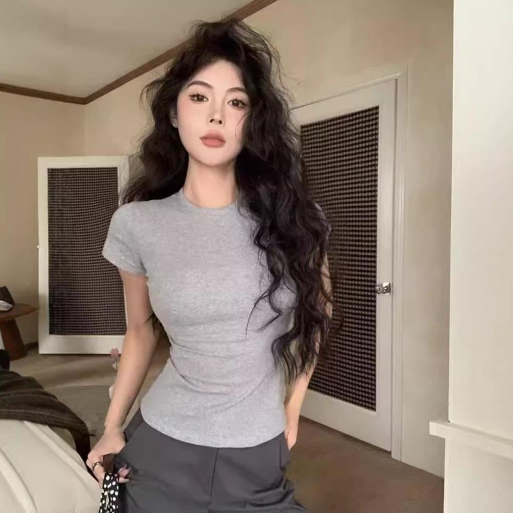 Solid Color Short Sleeve Tees Shirts Basic Pullover Tops Elegant Simple Crop Tops Woman