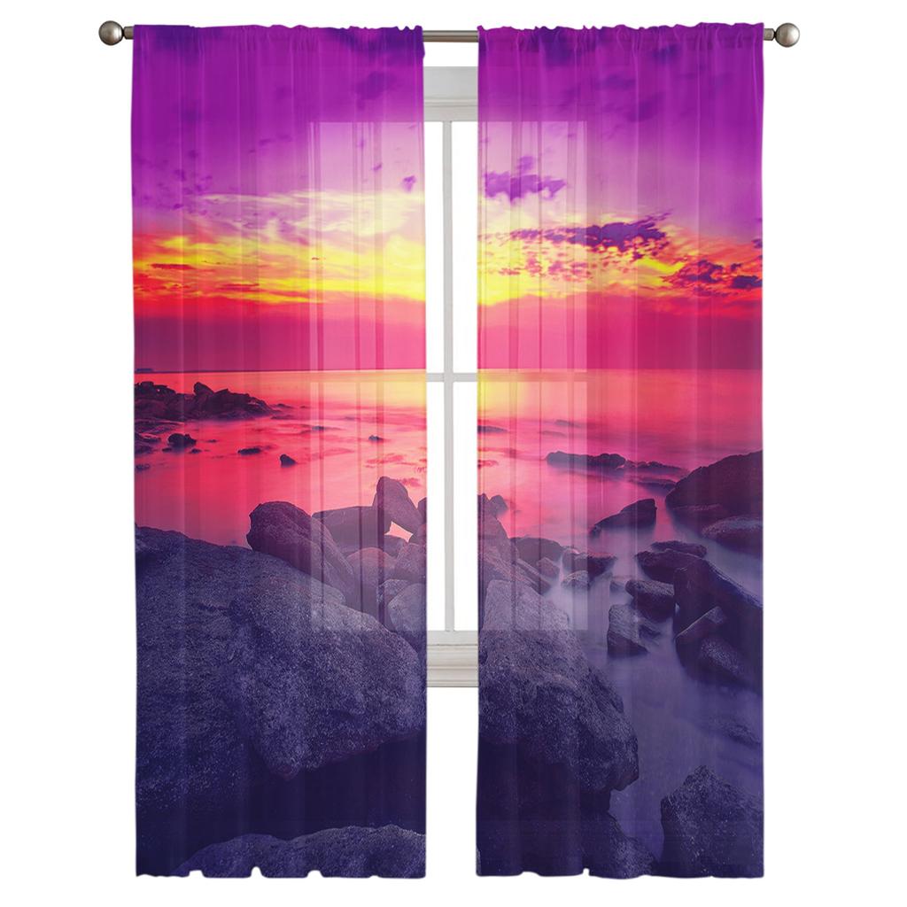 Seaside Beach Sunset Dusk Modern Tulle Curtains For Living Room Bedroom Home Kitchen Window Sheer Curtains