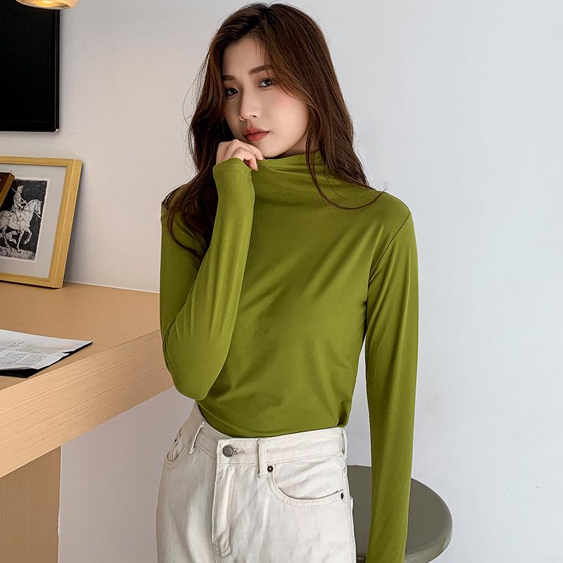 

Женская черная футболка из молочного шелка с длинным рукавом и полуводолазкой с бархатом, всесезонная, новый стиль 2025 г. Standard [110-200 lbs]