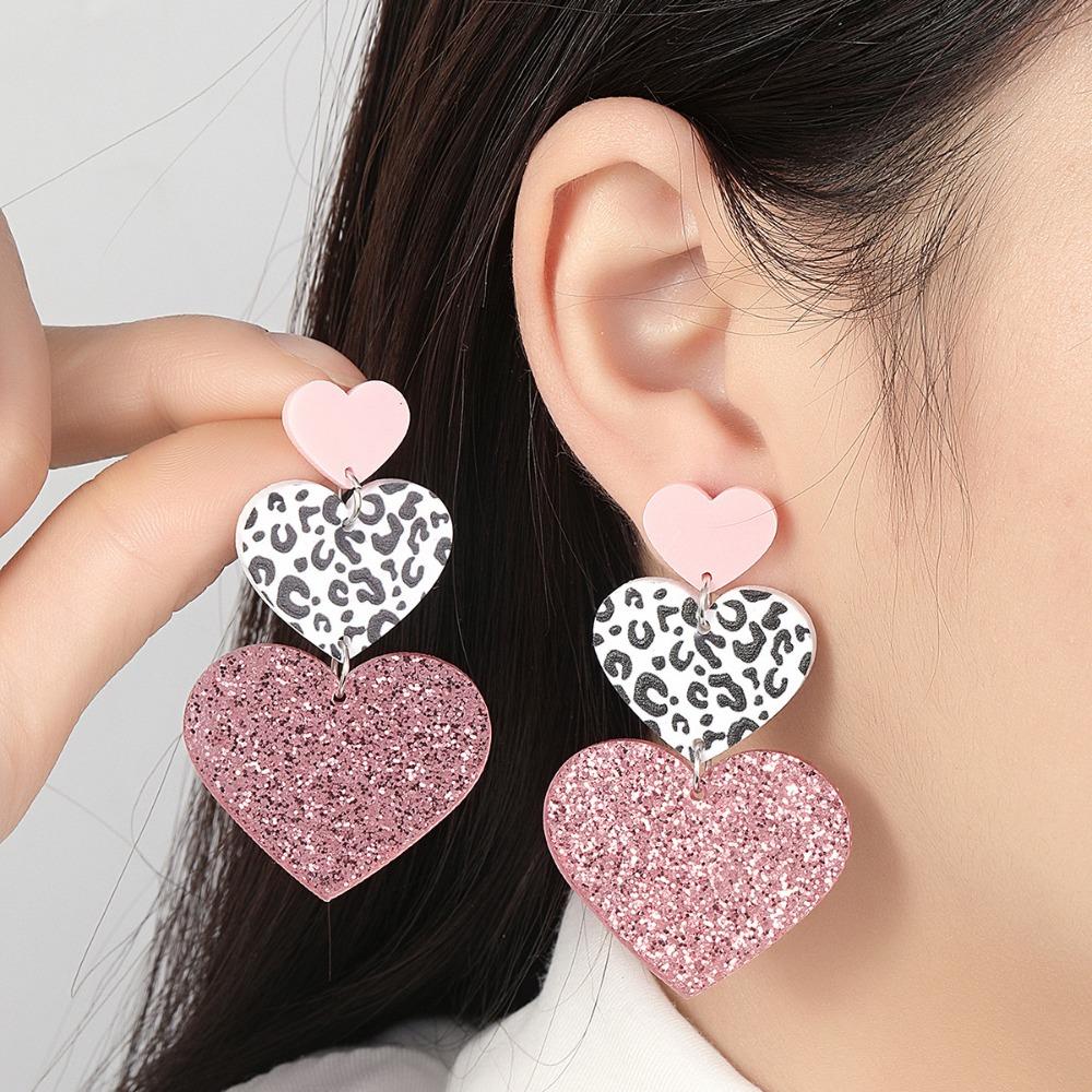 Sexy Süß Glitzerpuder Rosa Leopardenmuster Herzförmiger Acryl-Anhänger Hängende Ohrringe für Damen Weihnachten Designer Schmuck