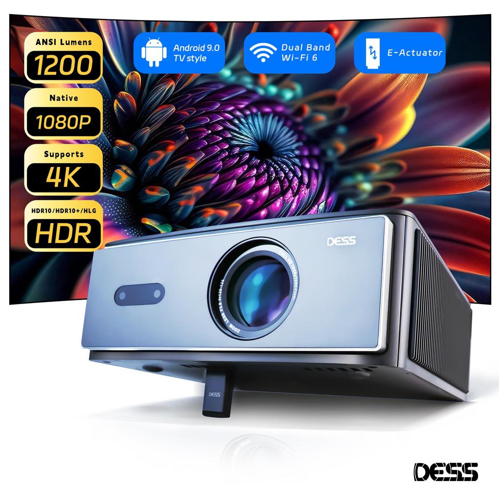 DESS C4 PRO 1080P Projector Full HD 4K 1300ANSI Projectors Video Smart TV for Home 32GB Movie Theater Beamer AI Off-Axis&E-Stand