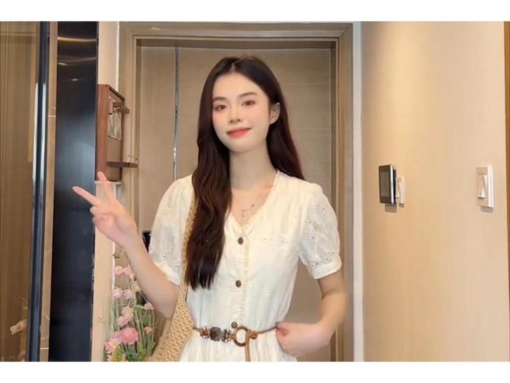 Women's French Hollow V-Neck Short-Sleeve Spring Dress Set - Elegant Waist-Cinching, Slimming, Long Skirt for Dates 2026.