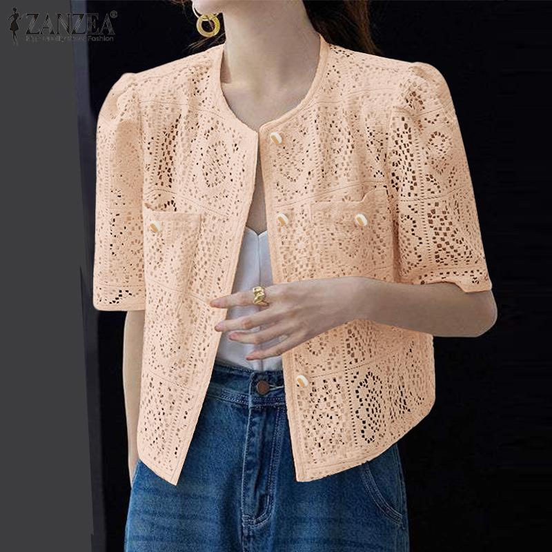 ZANZEA Womens Summer Hollow Out Crochet Short Sleeve Cardigan Blouse