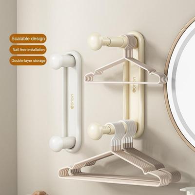 Punch-Free Wall-Mounted Hanger Storage Retractable Balcony Organizer Double Layer Clothes Rack for Closet Space Saver