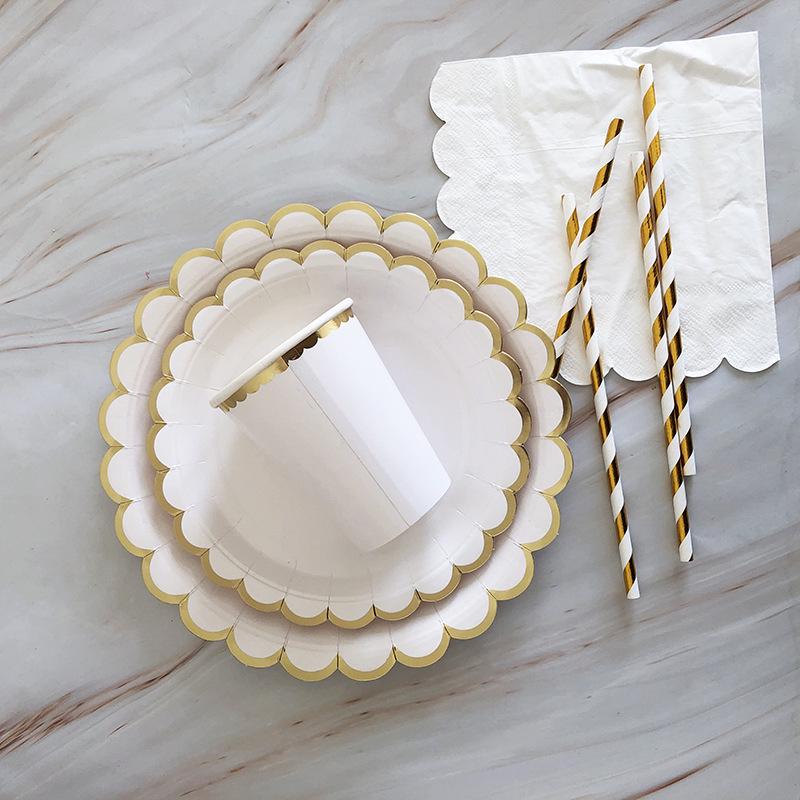 Eco-friendly Children's Birthday Party Tableware Set: White Disposable Plates, Cups, and Napkins.