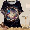 Camisa Casual Solta de Primavera Feminina Camisetas Femininas de Manga Curta com Estampa de Borboletas Dançantes e Padrões de Rosas