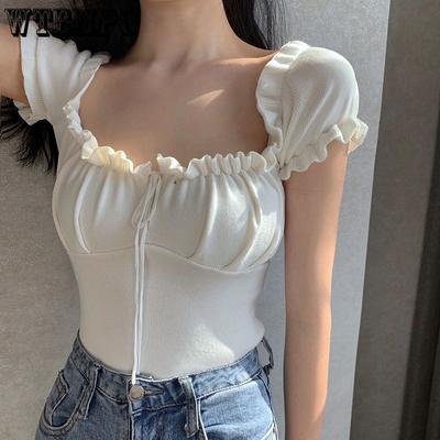 Hauts à volants à épaules dénudées de couleur unie pour femmes, chemises tricotées à manches courtes de style français à fronces fines pour printemps et été