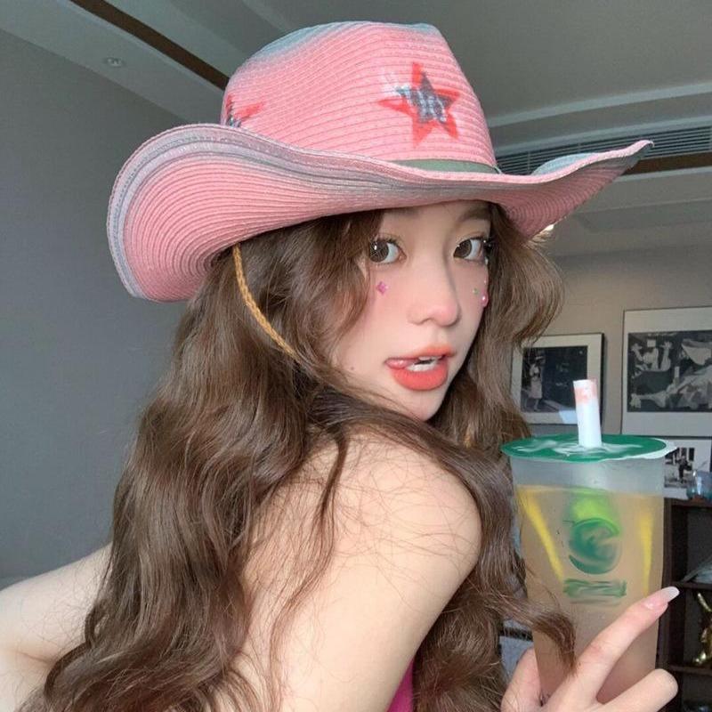 Pink Hottie Girl Western Cowboy Hat Vintage Straw Hat Sun Protection Beach Seaside Visor Pirate Hat