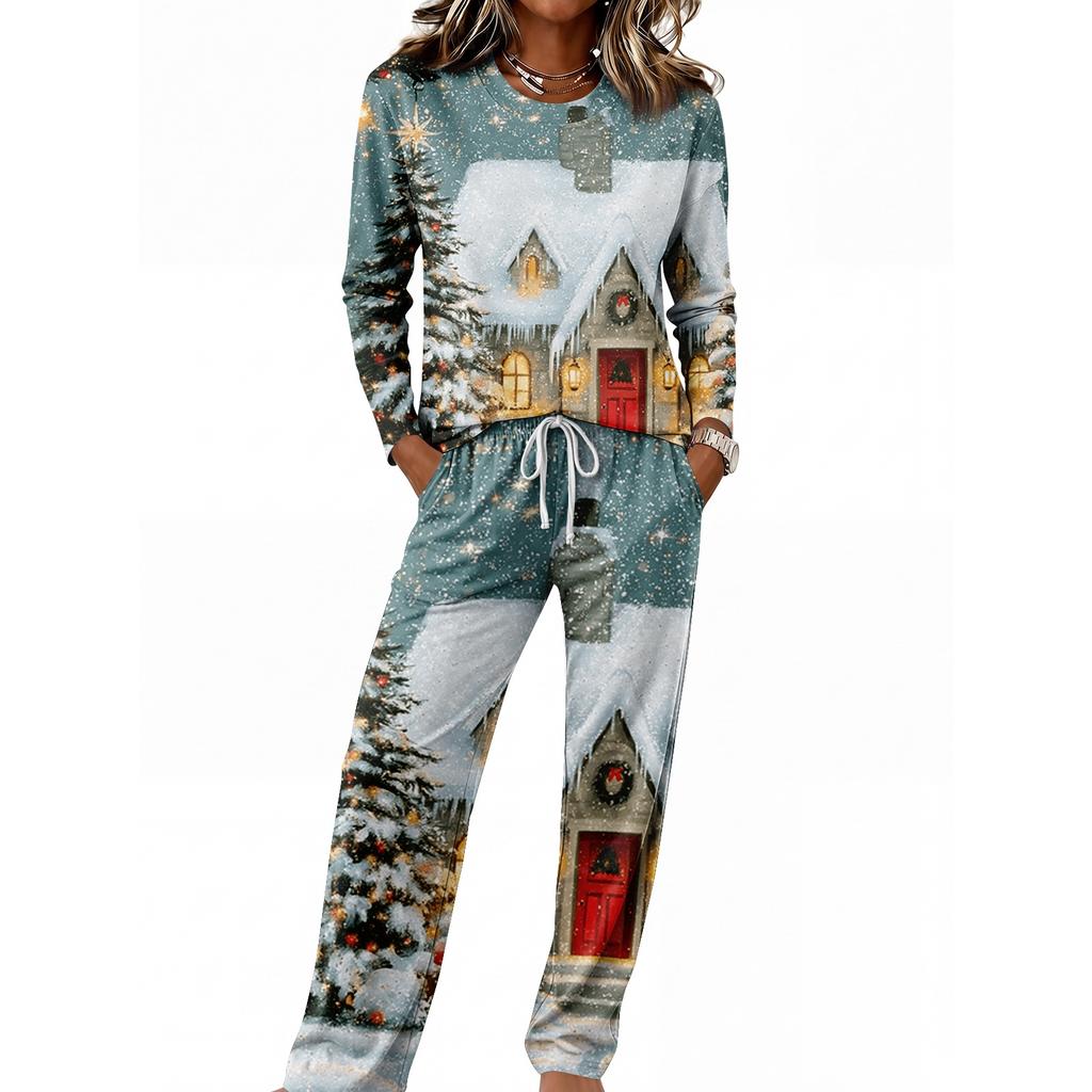 Women's Casual Pajama Set with Round Neck Long Sleeve and Wide Leg Pants for Sleep
