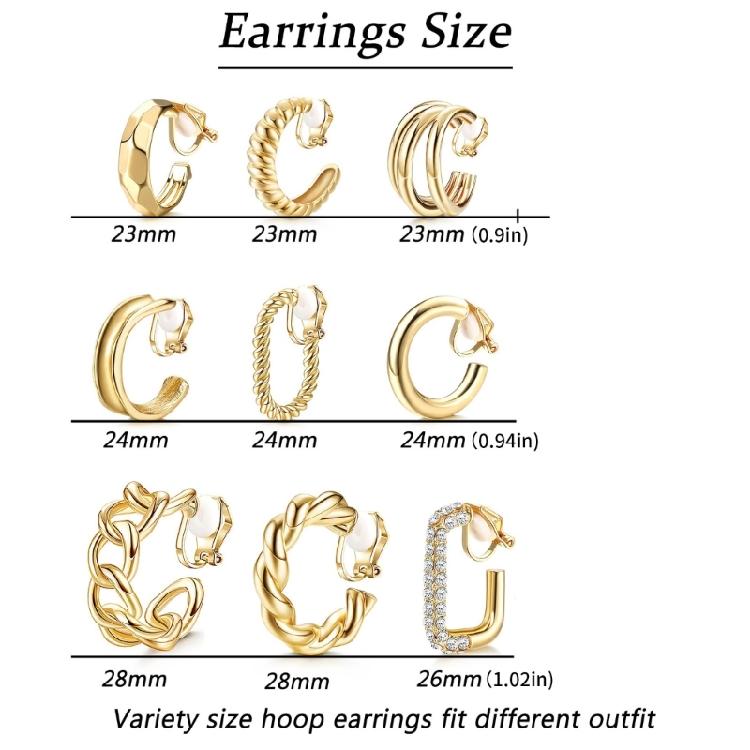 9x No Piercing Required Earrings Creative Gold Plated Clip On Earrings No Pierced Comfort Fit For Women
