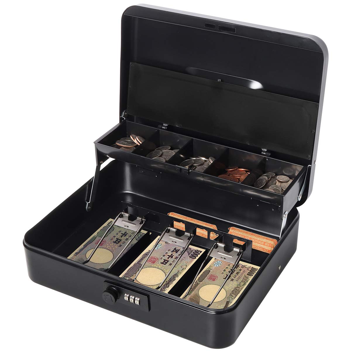 Lysmics Metal Dial Safe with Coin and Banknote Organizer, Black, Large