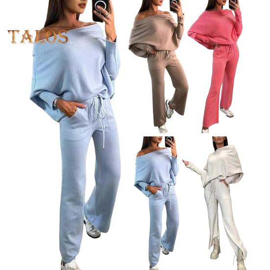 2 szt./zestaw Damski Zestaw Top i Spodnie Odkryte Ramiona Długie Rękawy Nietoperz Bluza Elastyczna Talia Rozszerzane Spodnie Dresowe Strój Sportowy Jesienny Casualowy Dres