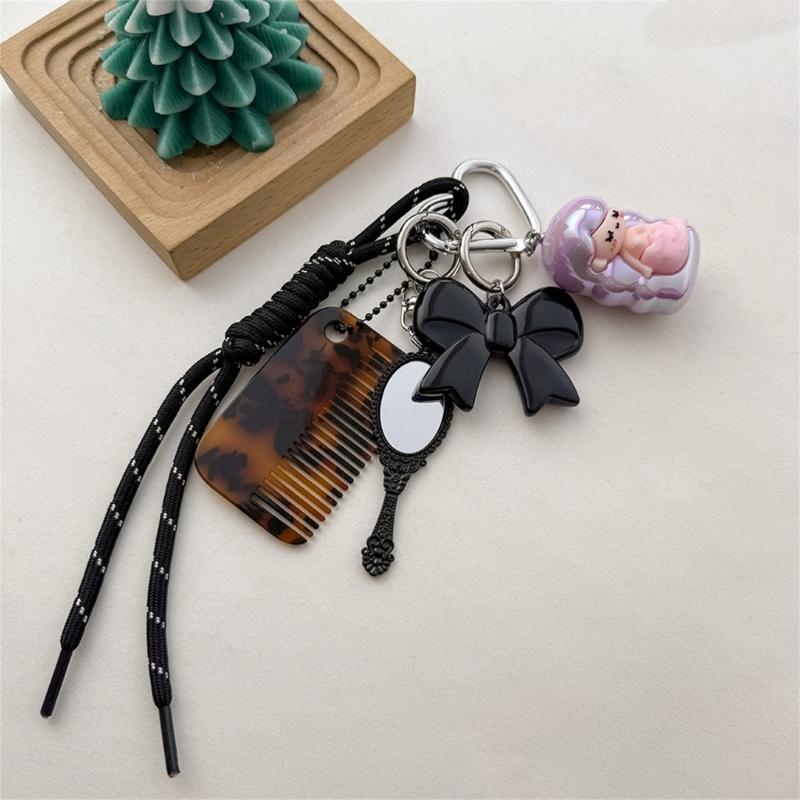 Fashionable Acetate Comb Mirror Keychain Multifuntional Key Accessory Suitable for Youthful Women and Girl Outdoor Use