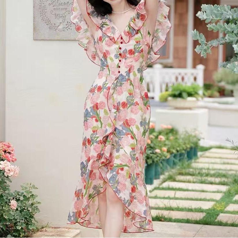 French Gentle Wind Very Fairy Skirt Summer Dress V-neck Ruffle Edge Niche Irregular Oil Painting Floral Dress
