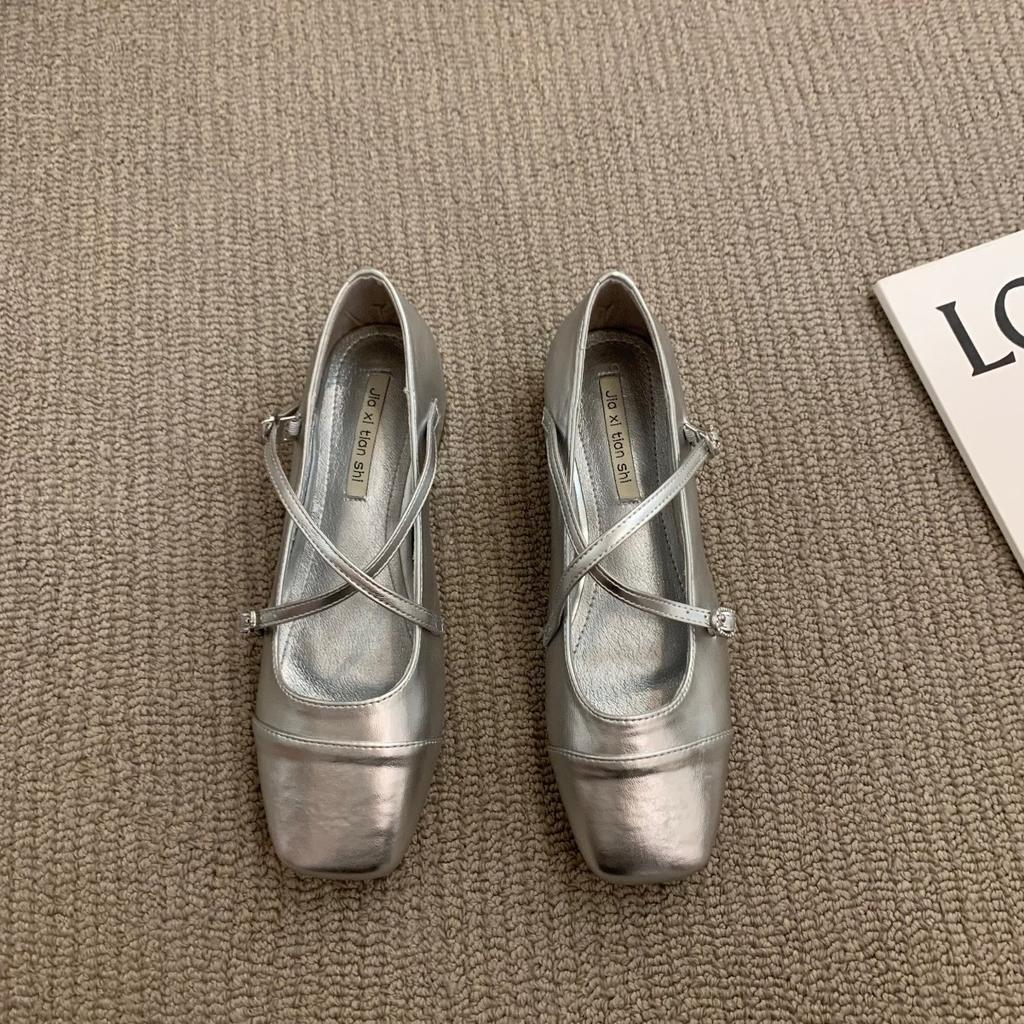 Thick heeled cross silver Mary Jane square toe single shoes for women 2025 new spring evening gentle flat shoes