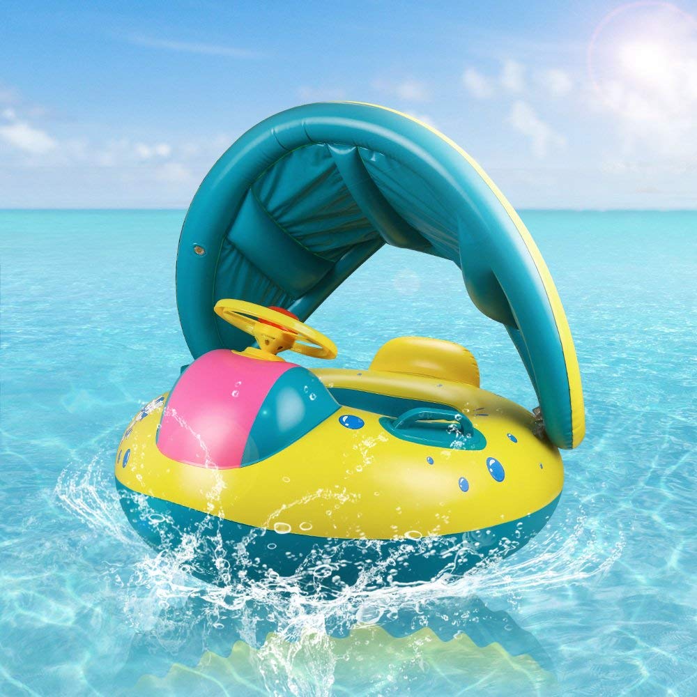 Baby Inflatable Ring for Children, Baby Boat, Baby Float with Leg Openings, Sunscreen, Removable Sun Canopy, Strong Buoyancy, Handle, Swimming Float,