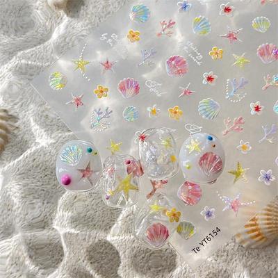 Ocean Theme 5D Nail Sticker Summer Beach Seashells Starfish Conch Scallop Shell Coral Self Adhesive Decoration Manicure Decal