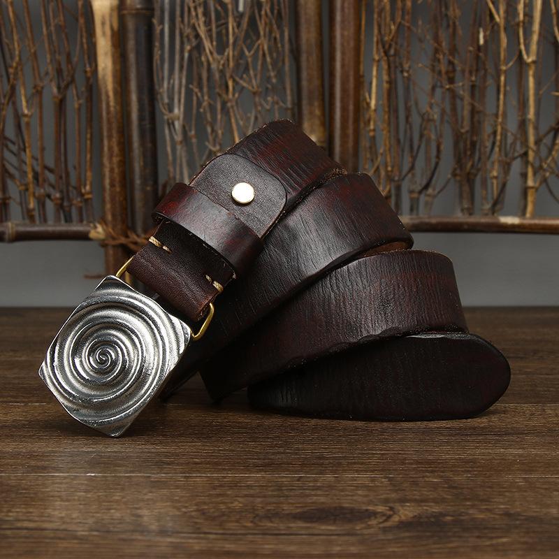 

Retro Trend Personalized Pull Wind Smooth Buckle Belt Men S Leather Plate Buckle First Layer Pure Cowhide Jeans Belt 125cm