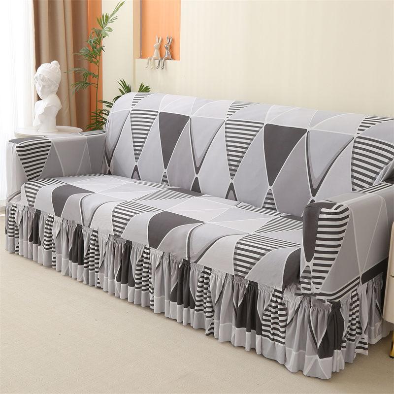 Geometric Elastic Sofa Cover with Skirt Fits Single To Four-Person Sofas Sofa Protection Cover|Elegant Home Accessory|Ruffled Edge Detail