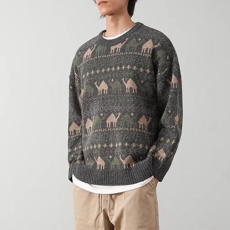 Men's Sweater2024Autumn and Winter New Cartoon Trendy round Neck Jacquard Pullover Knitting Outer Wear Underwear Sweater Men