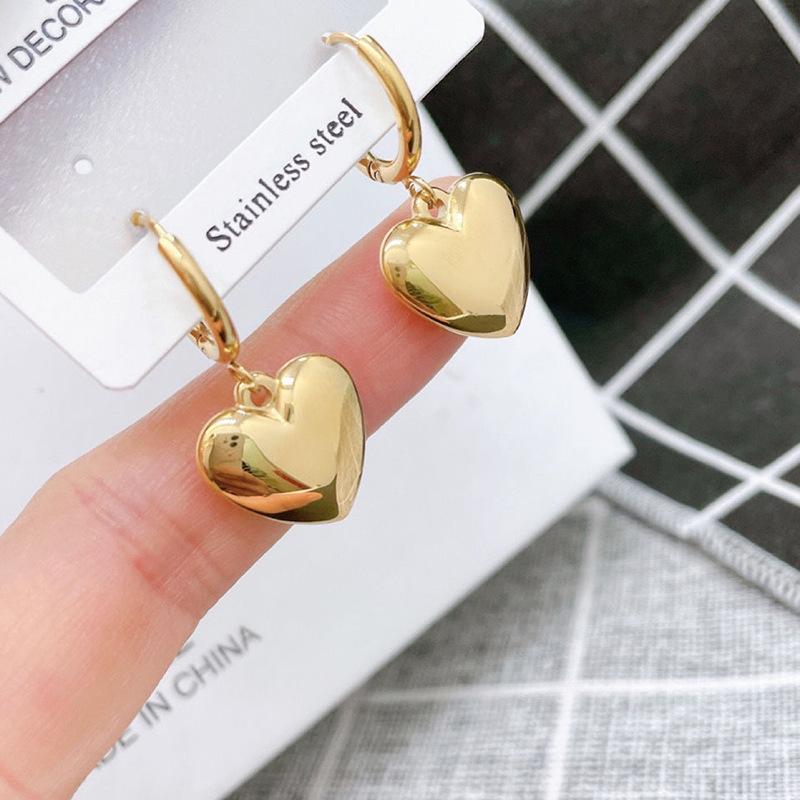 Stainless Steel Gold Heart Drop Hoop Earrings
