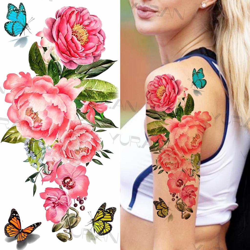 Large Colorful Rose Flower Temporary Tattoos For Girls Women Anchor Fake Gemstone Pendant Tattoo Paste Arm Body Tatoos Creative
