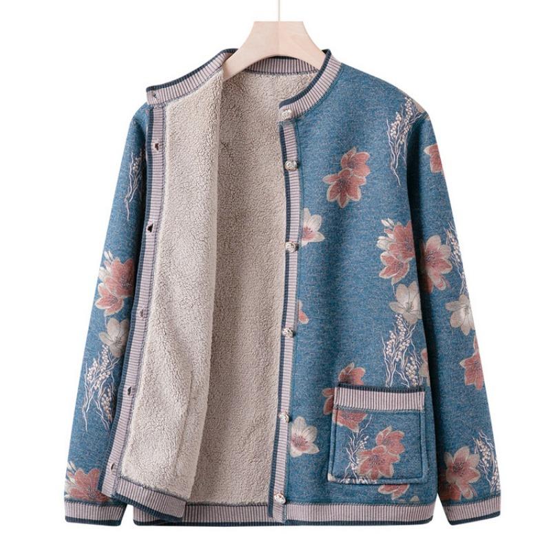 Grandma autumn casual cardigan fleece thickened middle-aged elderly autumn and winter clothing female mother clothing new knitted sweater jacket