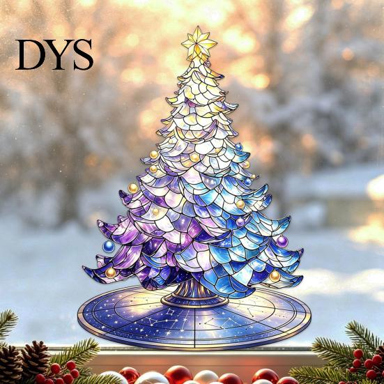 Modern Christmas Home Ornaments Stained Glass Style Tree Static Window Cling, Gradient Starry Sky Self Adhesive Holiday Film Xmas Sticker, Reusable