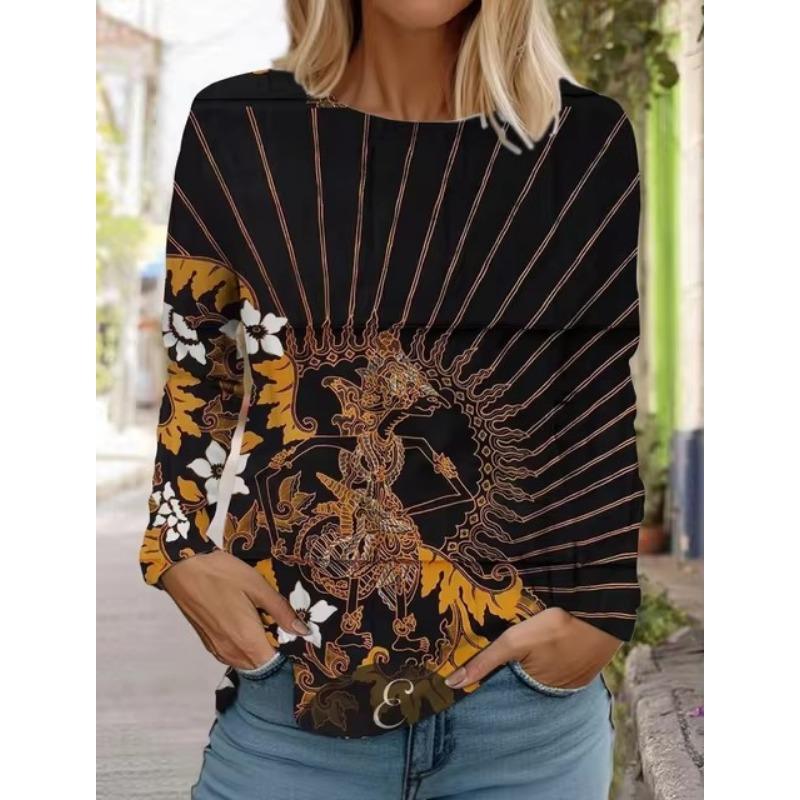 3D Print Women's Hawaiian Style Retro Fashion Tops Long Sleeve Round Neck Pullover Casual Long Sleeve T-shirt Designer