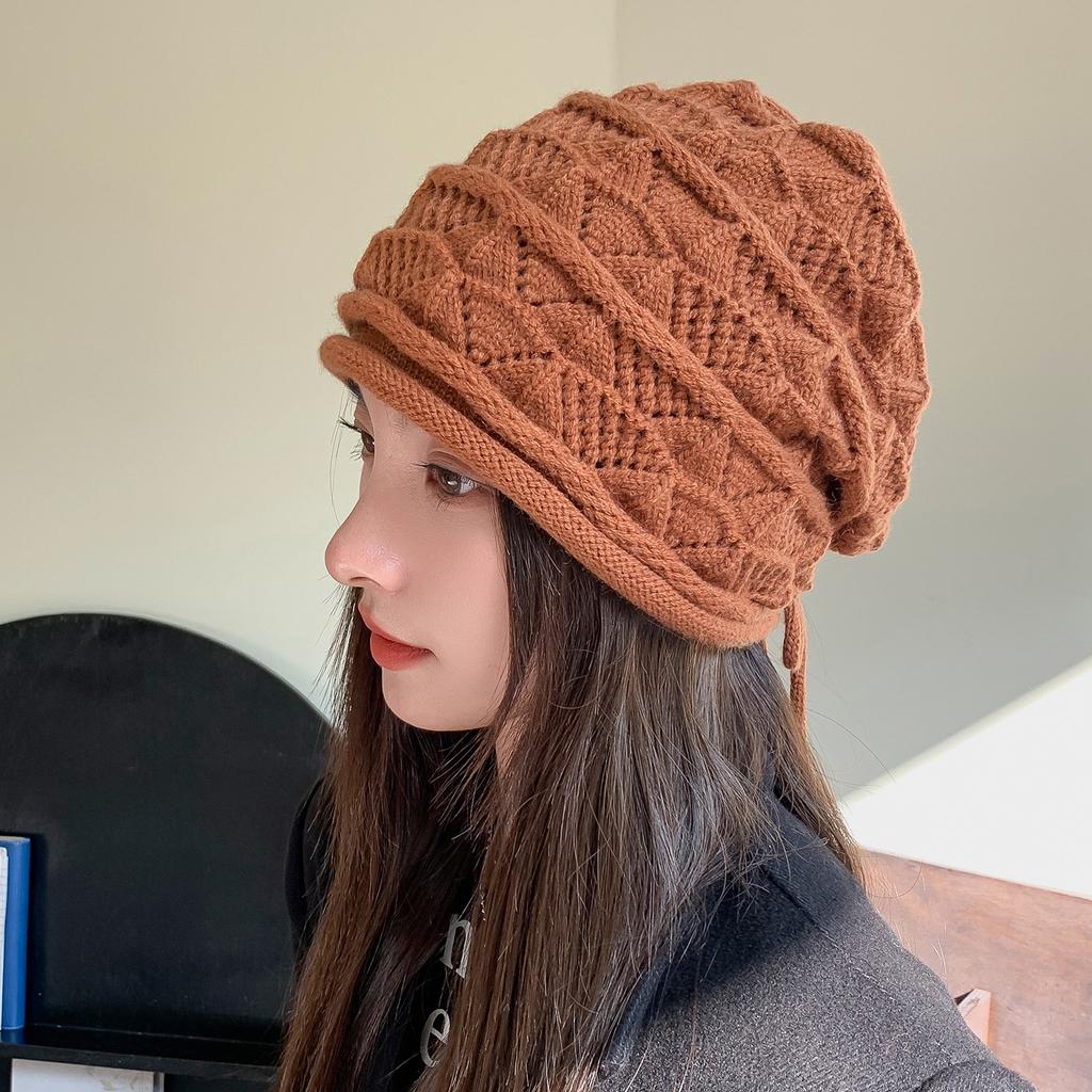 New Autumn and Winter Adjustable Lanyard Hollow Pile Knitted Hat Ear Protection Warm Fashion Fashion Headband Small Woolen Hat Showing Face